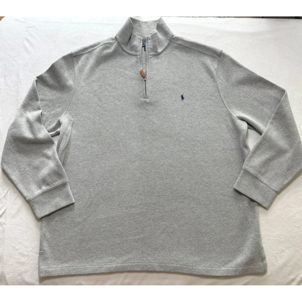 Polo Ralph Lauren Quarter Zip Pullover Mens XXL Gray Cotton Leather Pull Sweater
